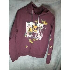MTV Womens Music Television Butterfly Graphic Heather Maroon Hoodie New S